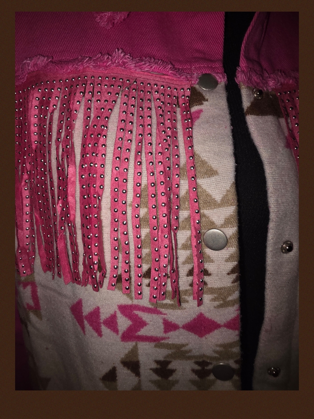 Aztec-Pattern Pink Fringe Denim Jacket - Picture 4 of 4